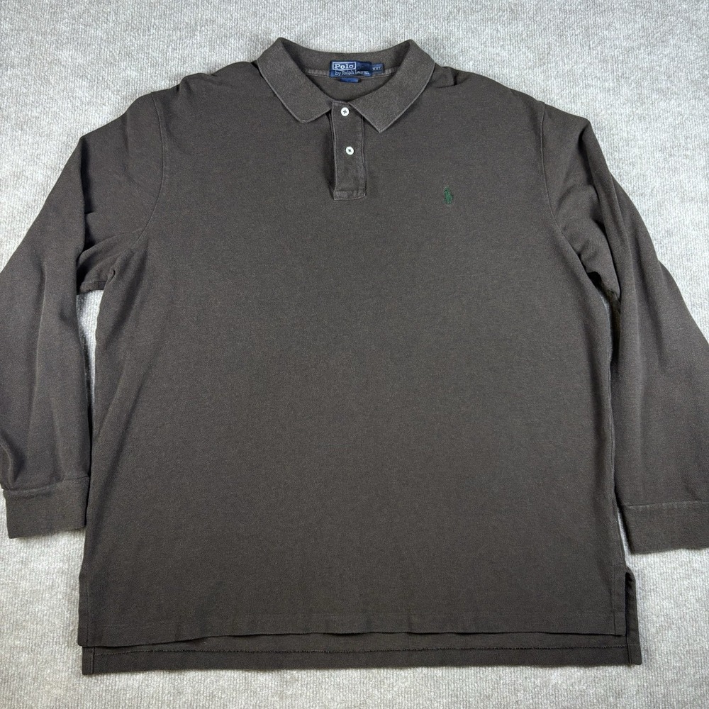 Polo Ralph Lauren Mens XXL Brown Long Sleeve Polo Shirt Green Pony Cotton - Picture 1 of 7